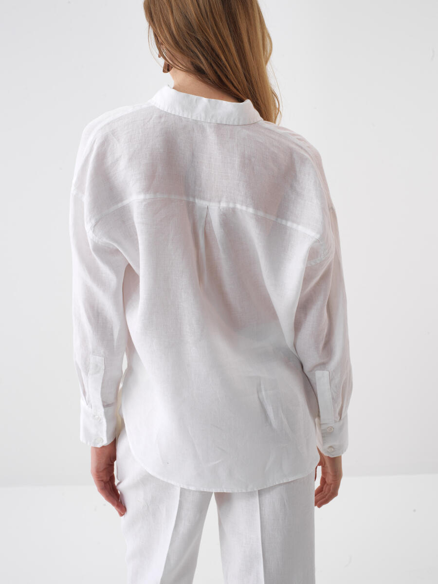 Beyaz Oversize Keten Basic Gömlek - 4