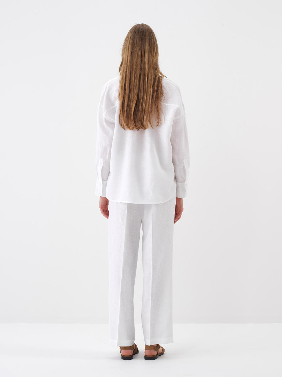 Beyaz Oversize Keten Basic Gömlek - 5
