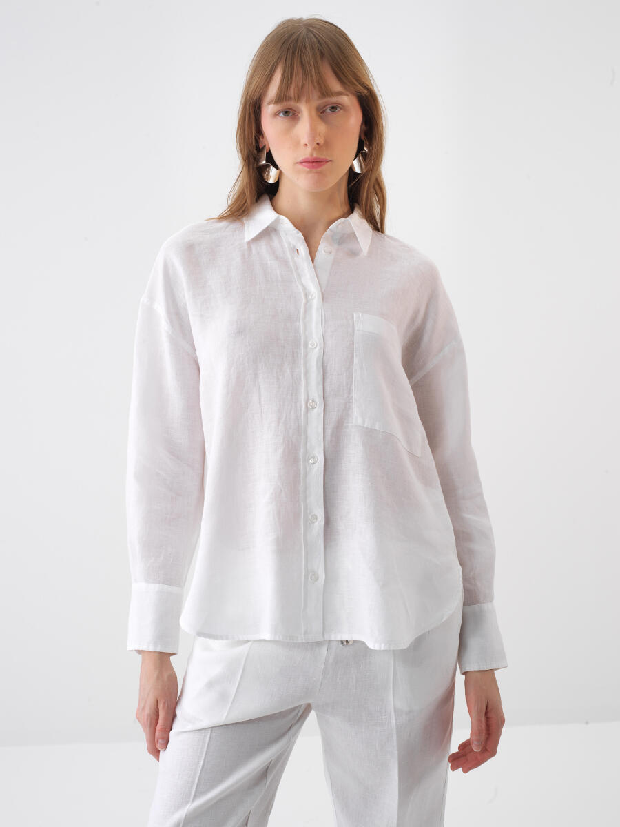 Beyaz Oversize Keten Basic Gömlek