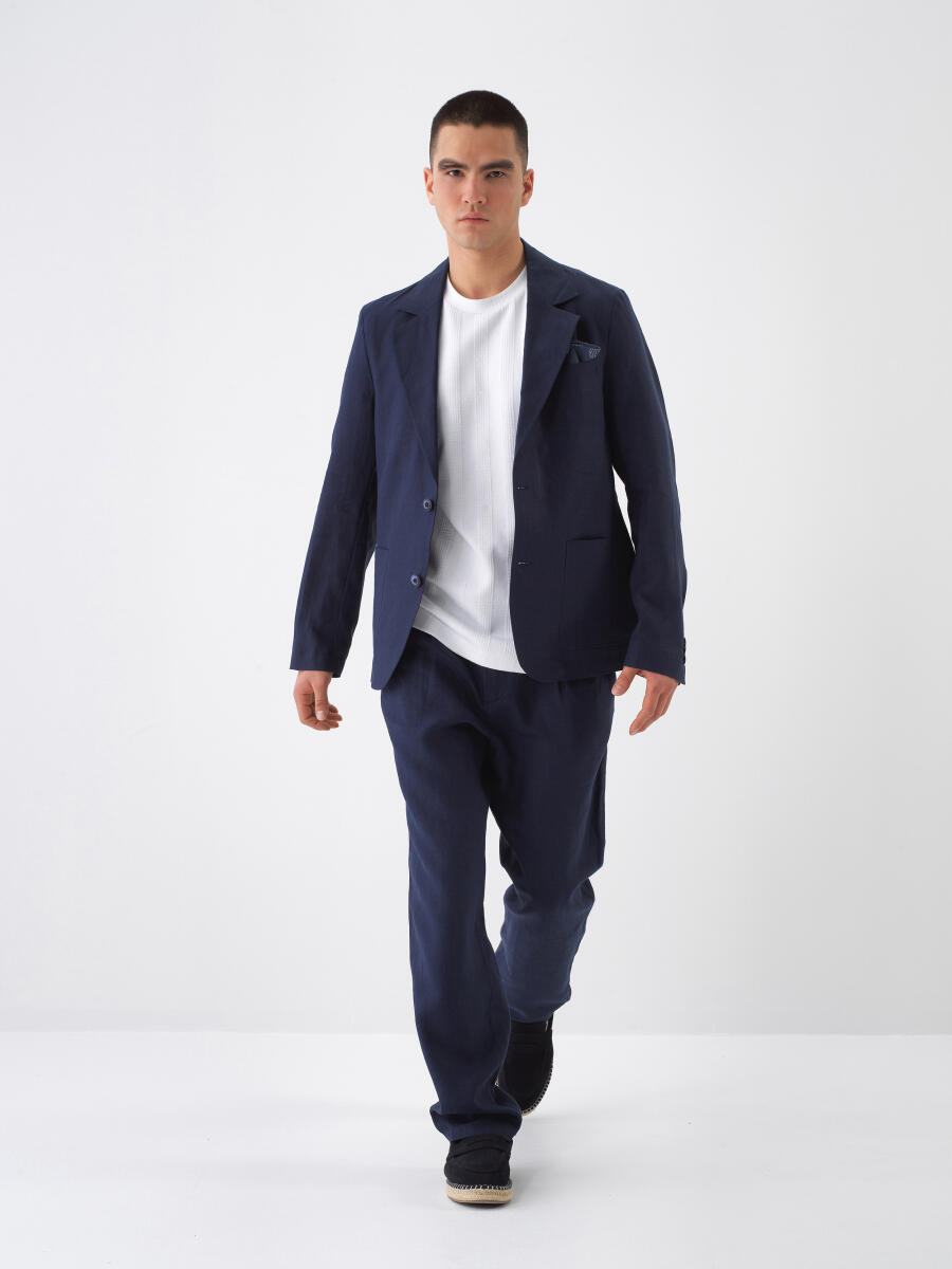Lacivert Regular Fit Keten Ceket - 2
