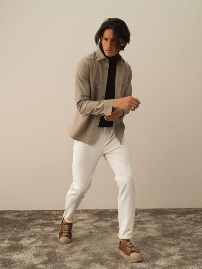 Bej Pamuk Dokulu Regular Fit Gömlek - Xint