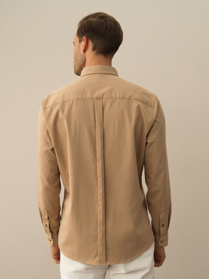 Bej Pamuk Dokulu Regular Fit Gömlek - Xint