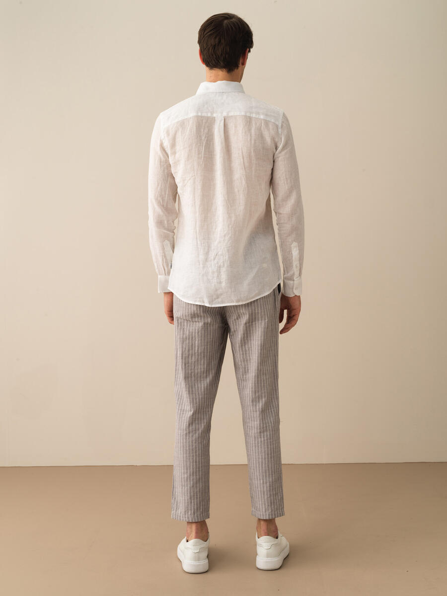 Beyaz Regular Fit Keten Basic Gömlek - 5