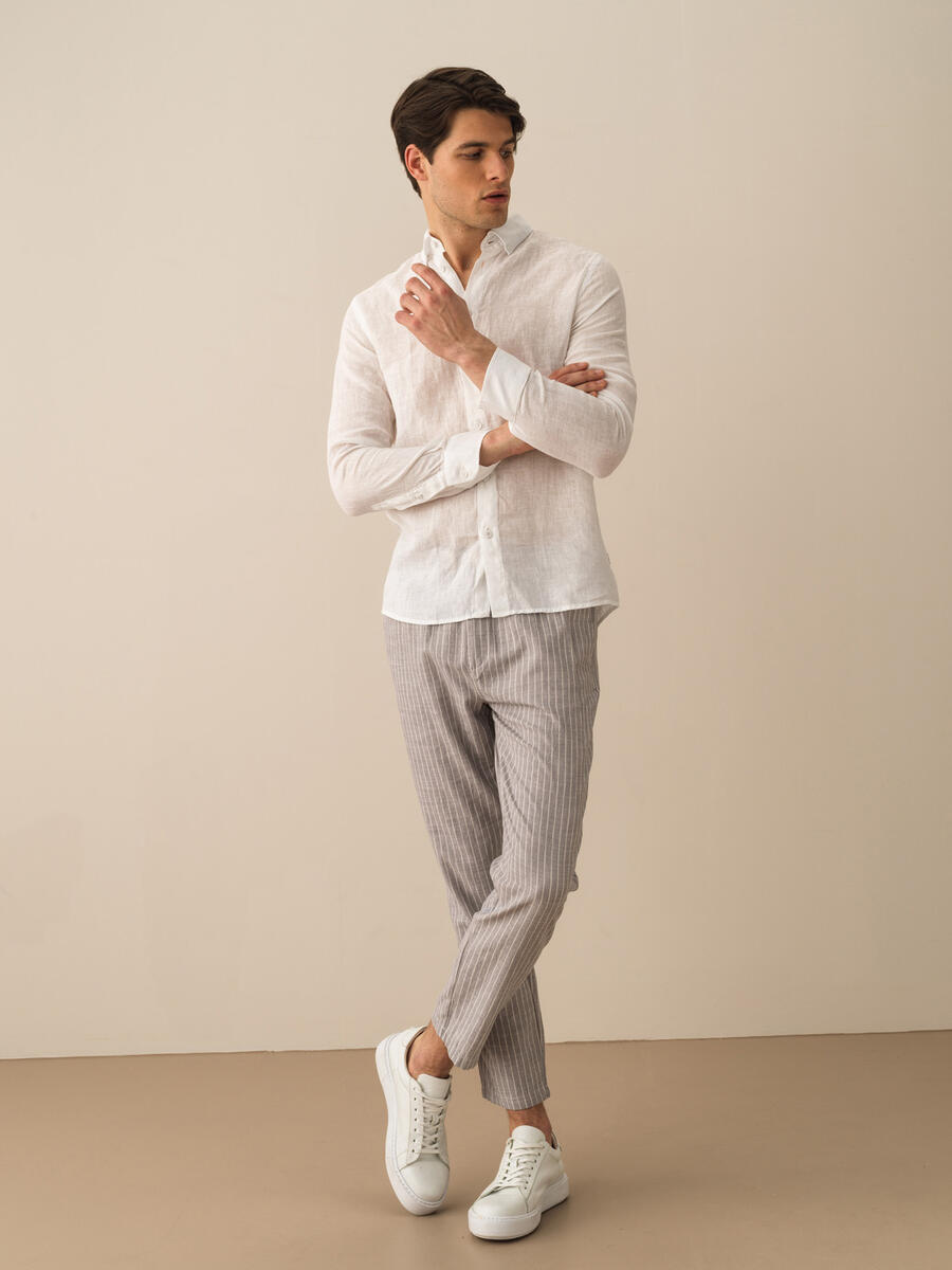 Beyaz Regular Fit Keten Basic Gömlek - 2