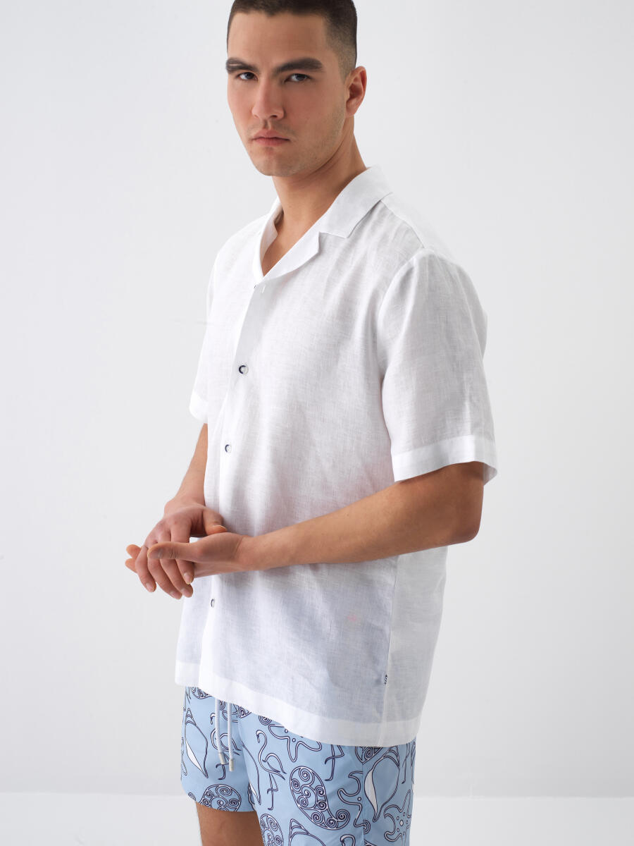 Beyaz Regular Fit Keten Gömlek