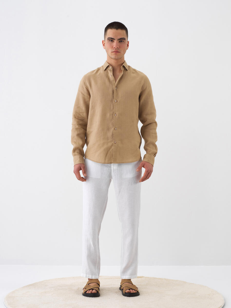 Camel Regular Fit Keten Gömlek - 3
