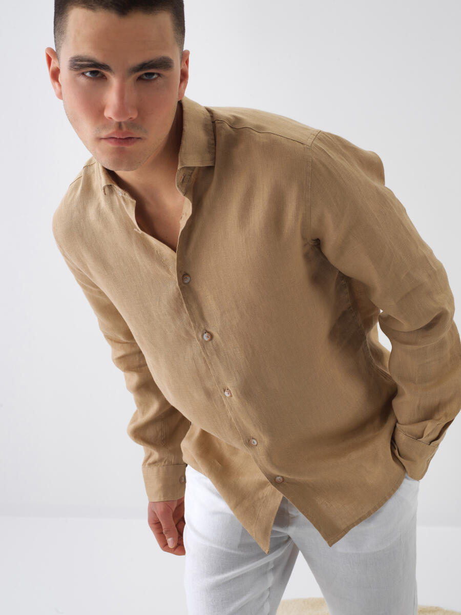 Camel Regular Fit Keten Gömlek