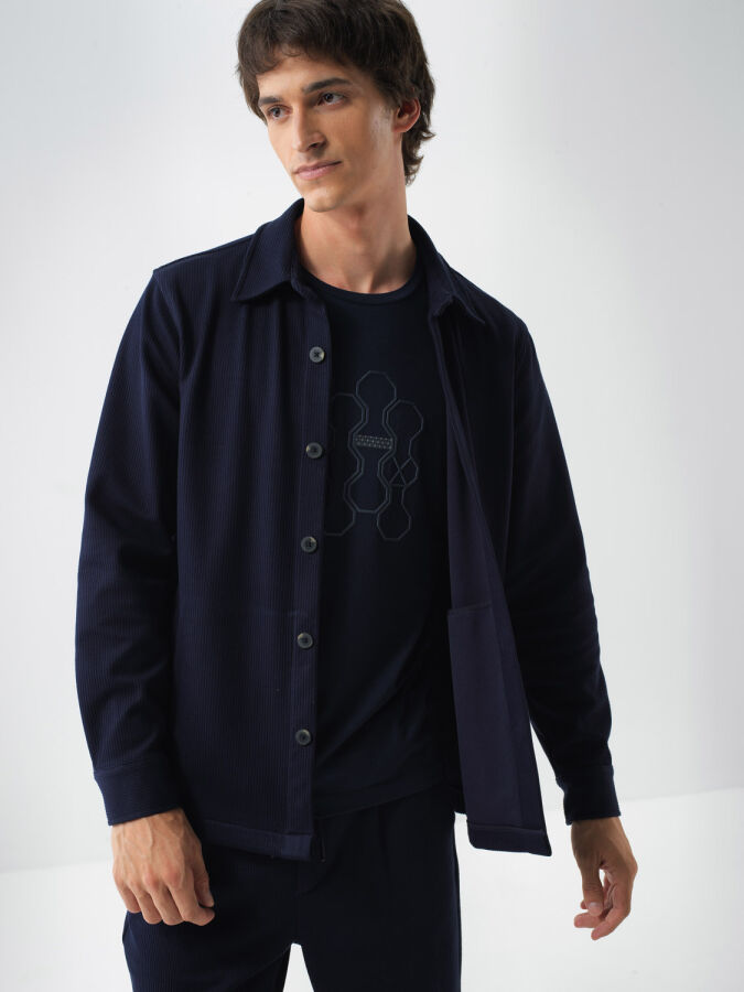 Lacivert Esnek Dokulu Regular Fit Gömlek Ceket - Xint