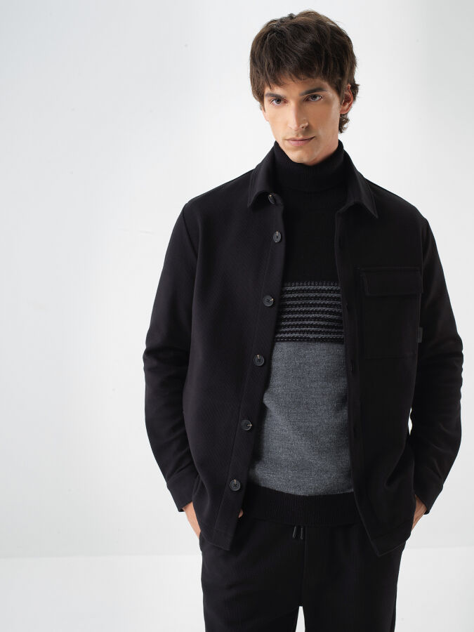 Siyah Pamuk Dokulu Regular Fit Gömlek Ceket - Xint