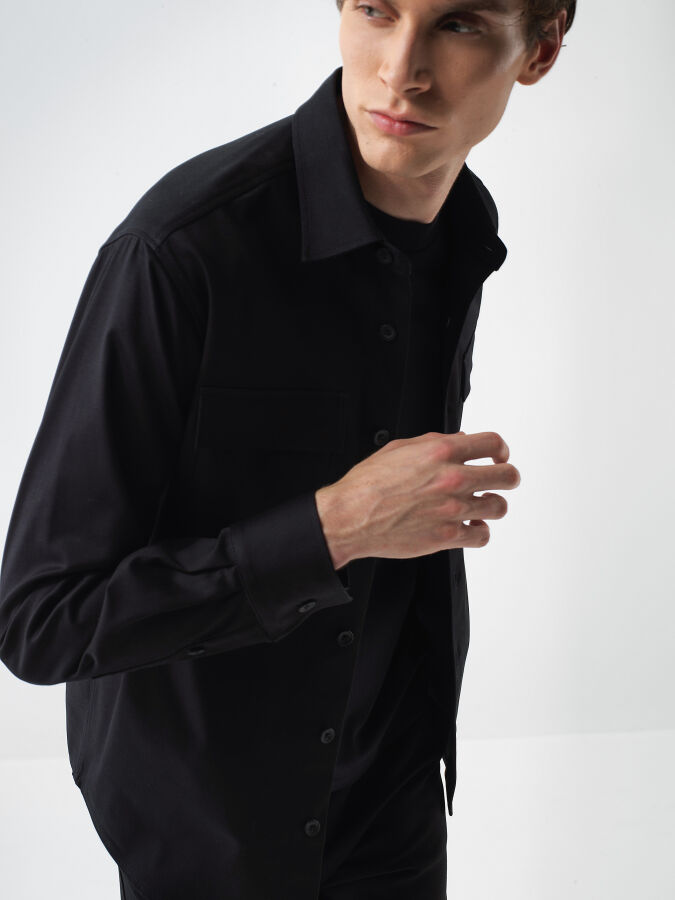 Siyah Pamuk Dokulu Regular Fit Gömlek Ceket - Xint