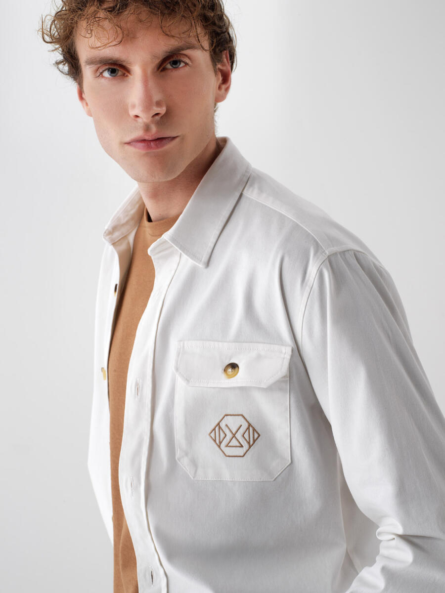 Ekru Pamuk Dokulu Regular Fit Gömlek