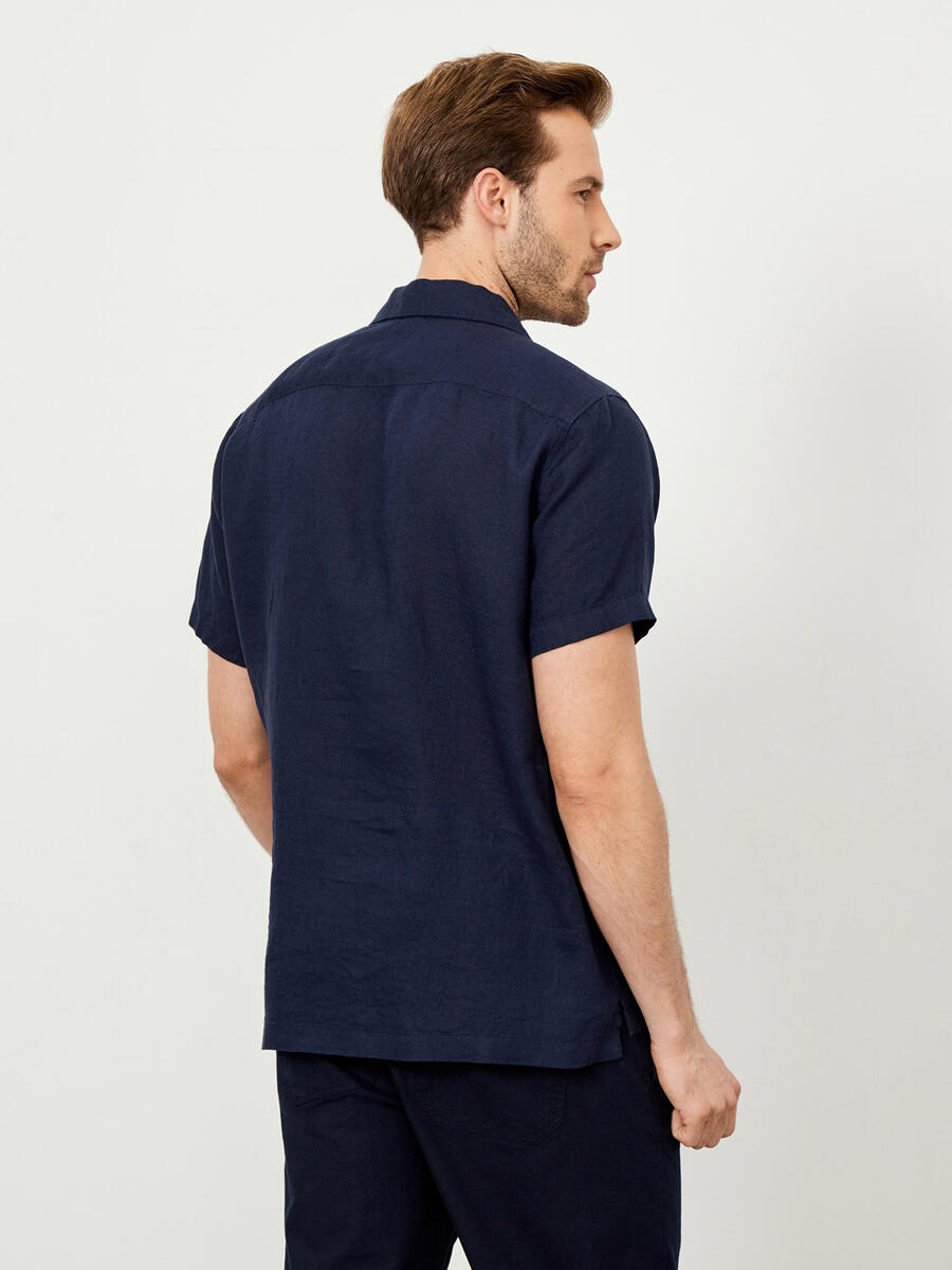 Lacivert Regular Fit Keten Basic Gömlek - 4