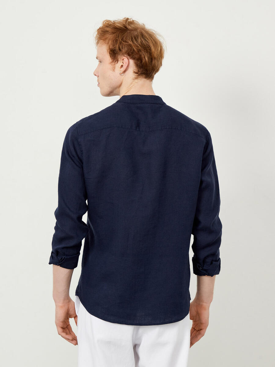 Lacivert Regular Fit Keten Basic Gömlek - 5