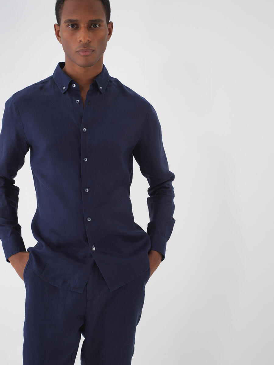 Lacivert Regular Fit Keten Basic Gömlek