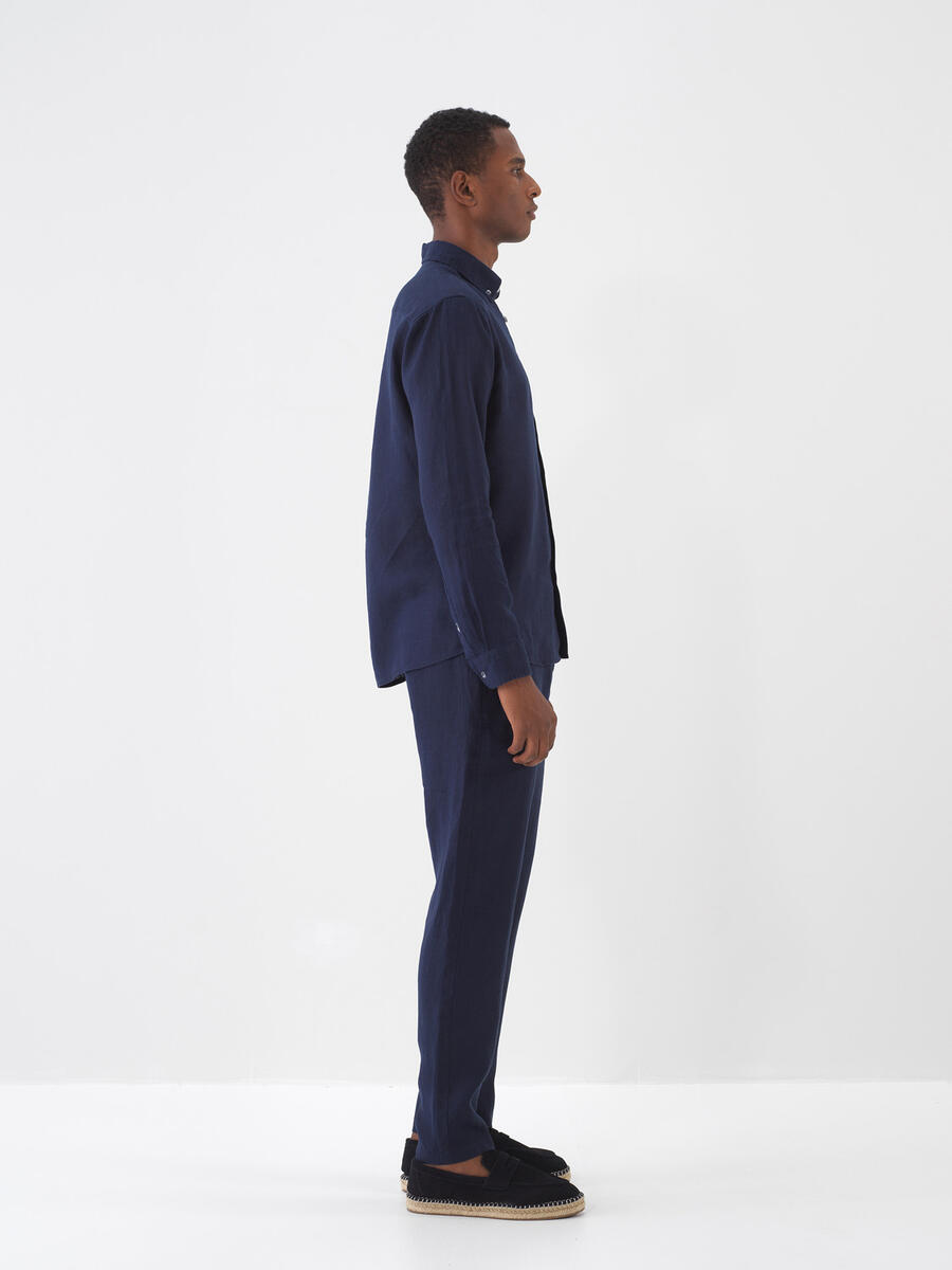 Lacivert Regular Fit Keten Basic Gömlek - 3