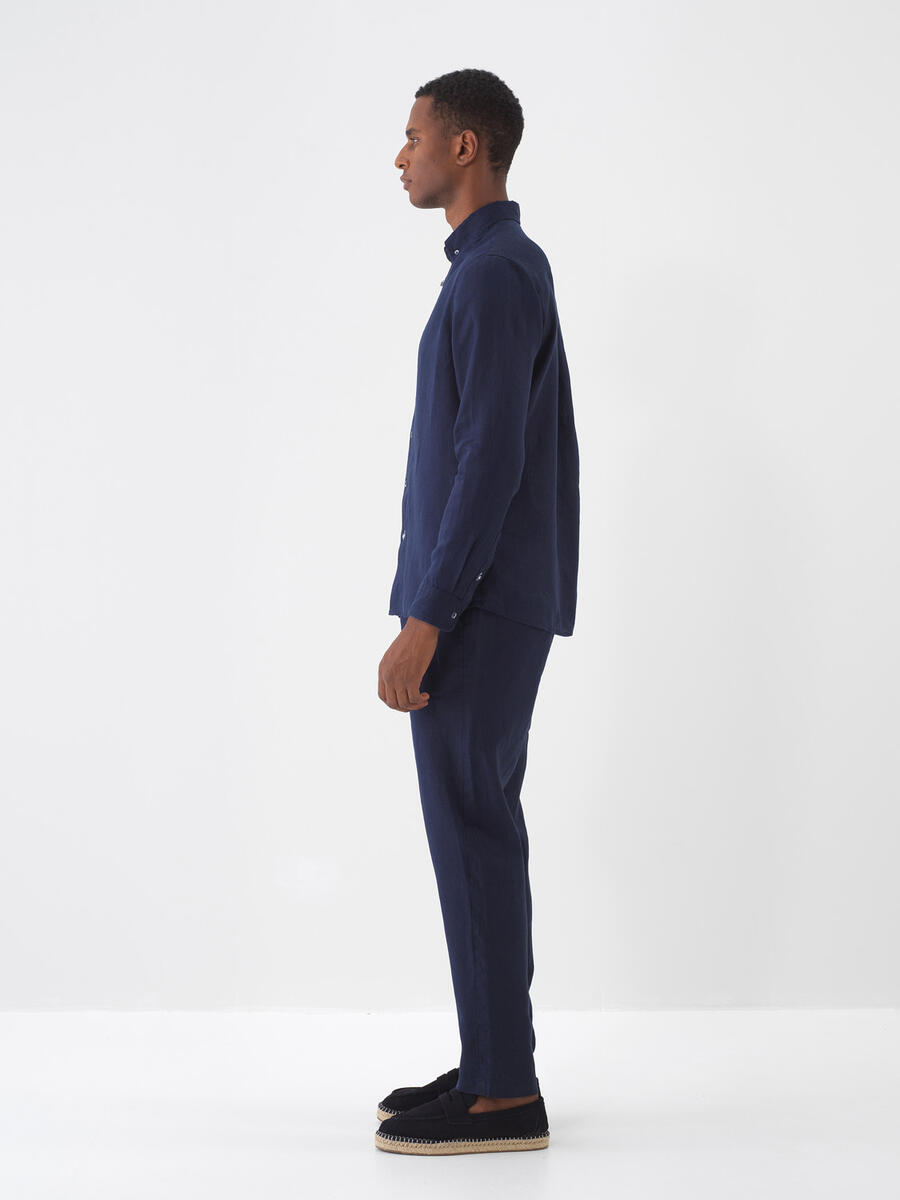 Lacivert Regular Fit Keten Basic Gömlek - 4