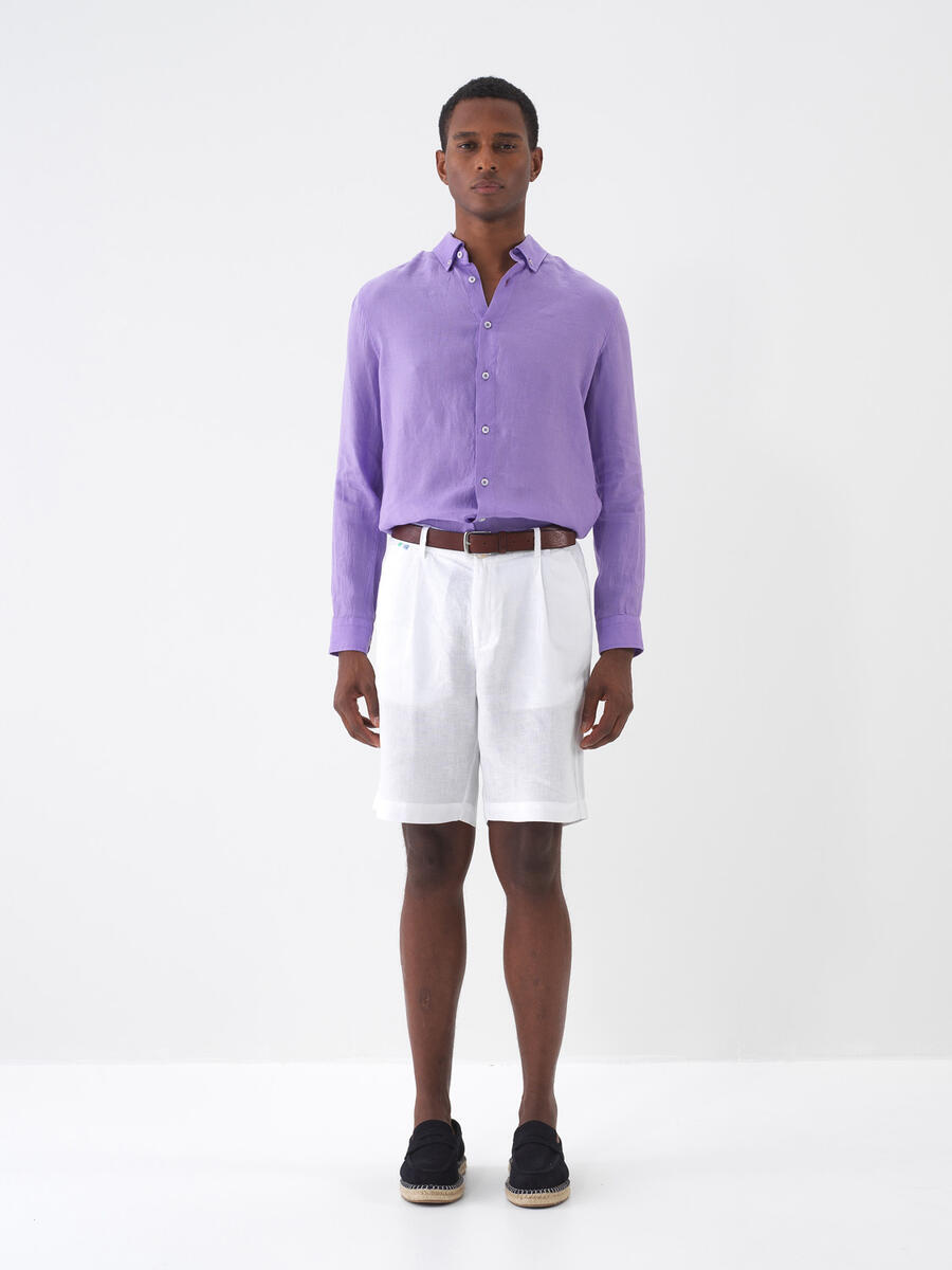 Lila Regular Fit Keten Basic Gömlek - 2