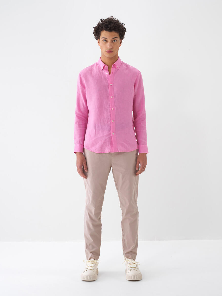 Pembe Regular Fit Keten Basic Gömlek - 2