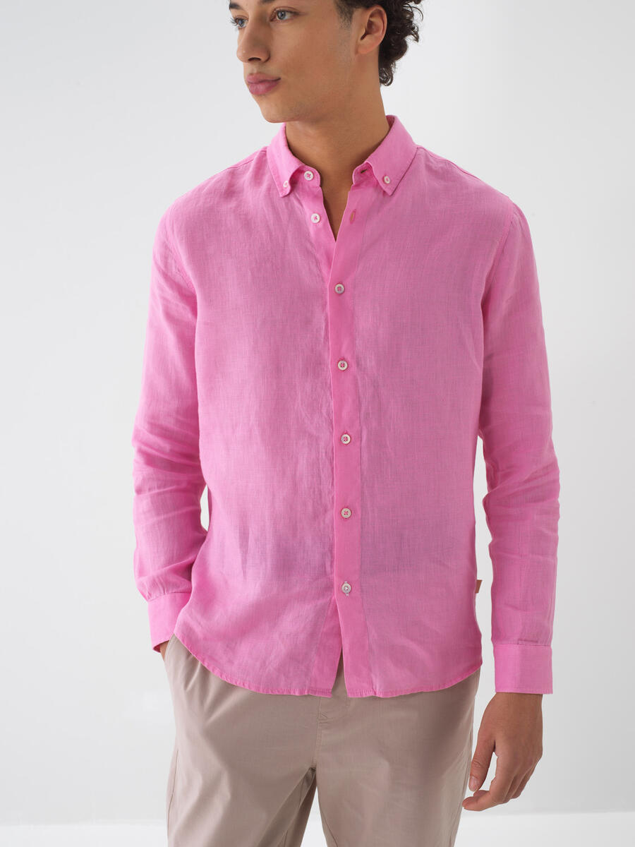 Pembe Regular Fit Keten Basic Gömlek