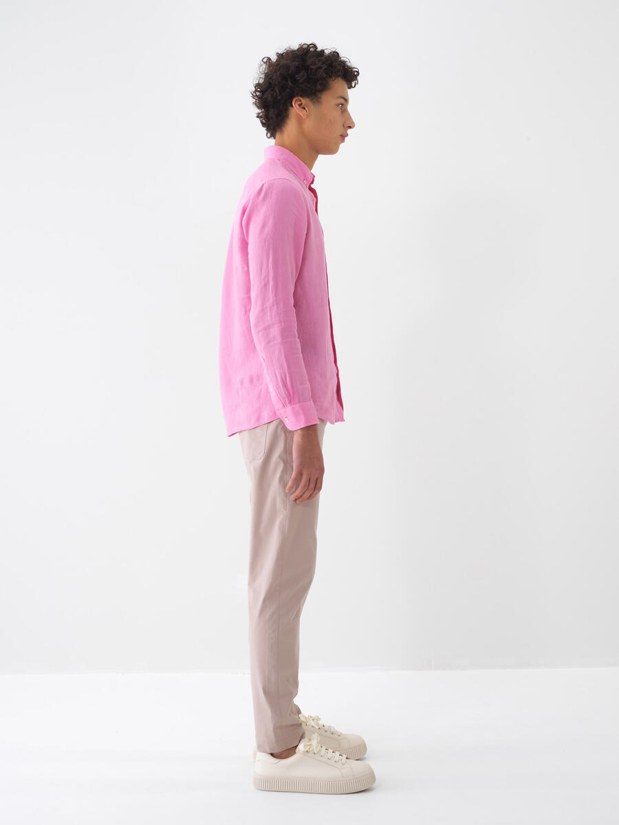 Pembe Regular Fit Keten Basic Gömlek - 3