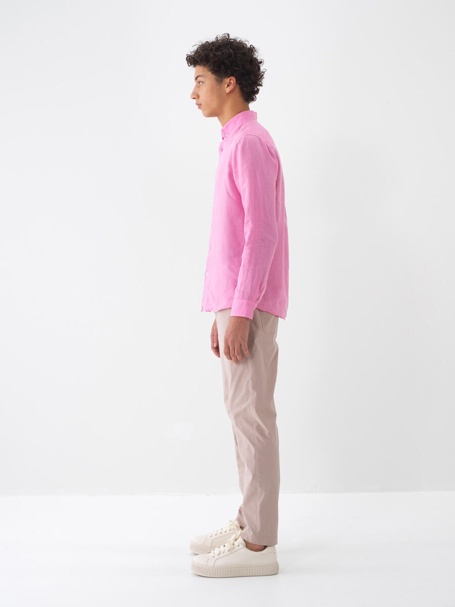 Pembe Regular Fit Keten Basic Gömlek - 4