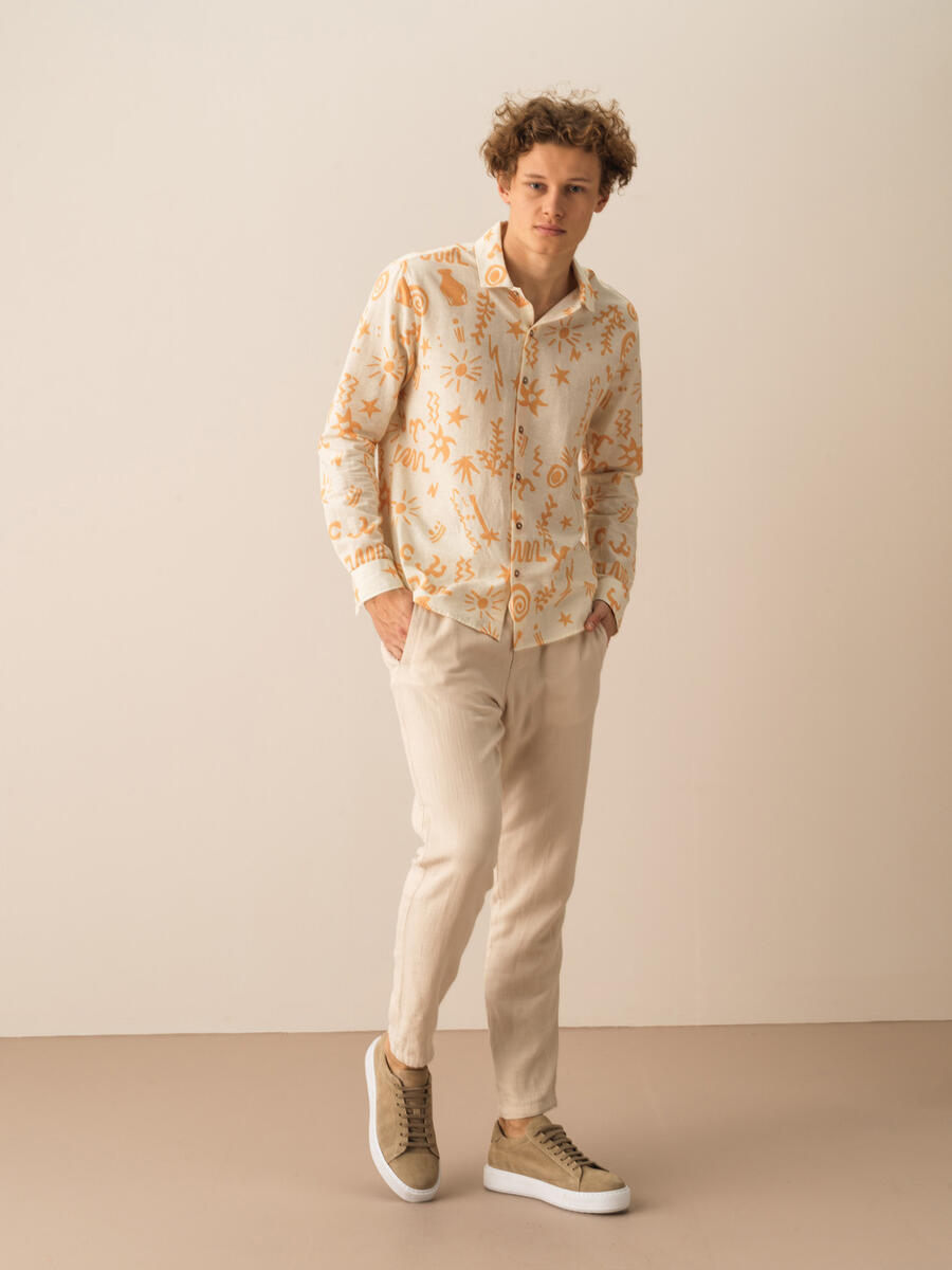 Sarı Regular Fit Keten Gömlek - 3