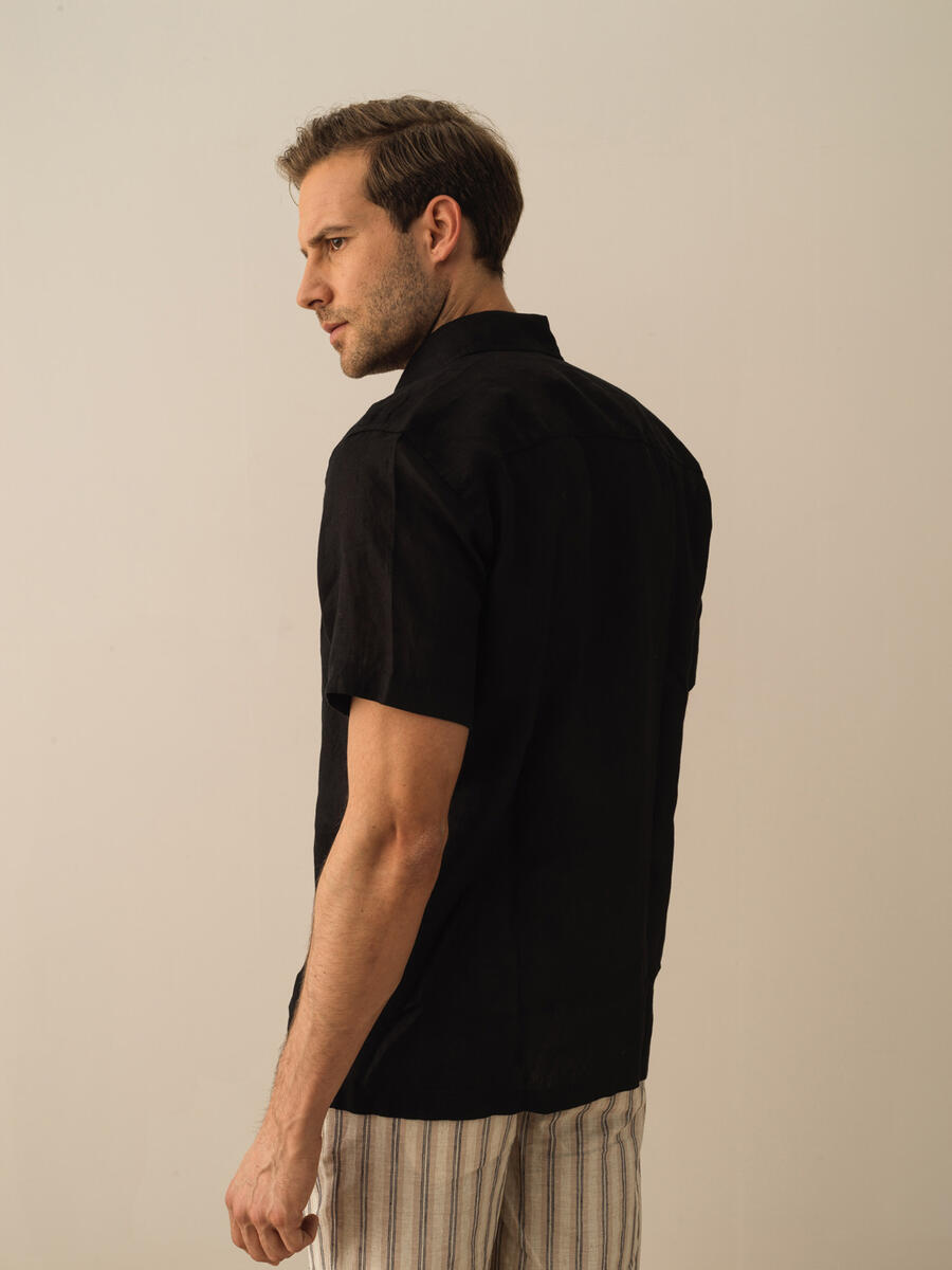 Siyah Regular Fit Keten Gömlek - 3