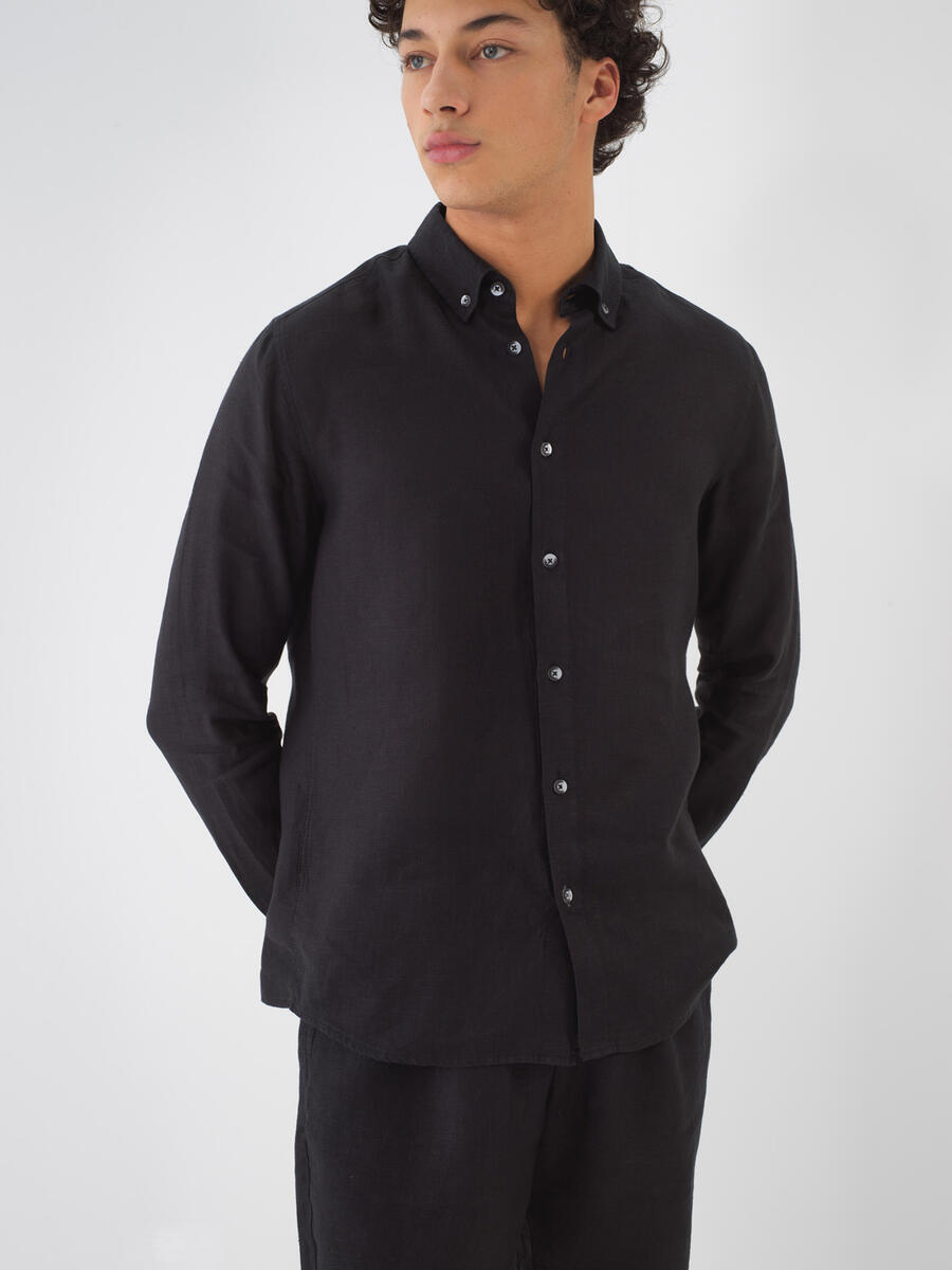 Siyah Regular Fit Keten Gömlek