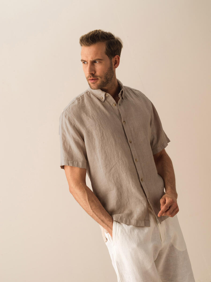 Taş Rengi Regular Fit Keten Gömlek