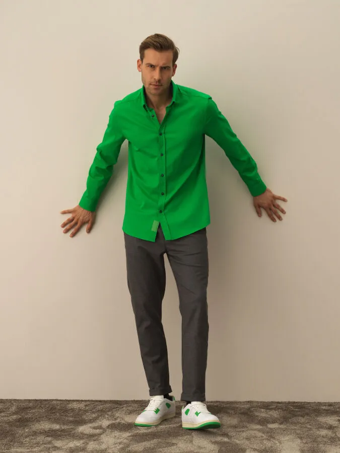 Yeşil Pamuk Dokulu Regular Fit Gömlek - Xint