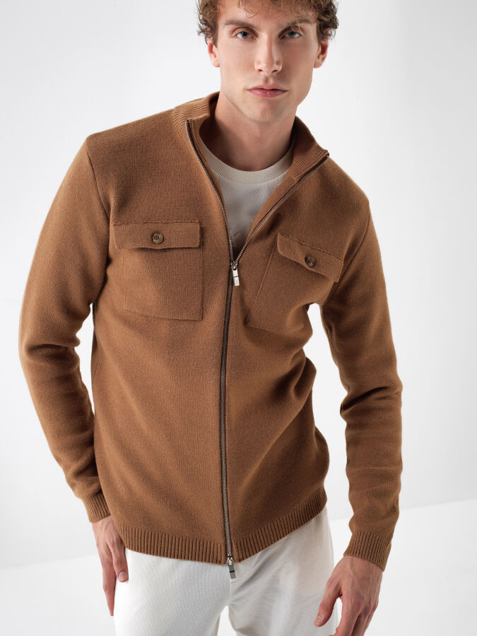Camel Doğal Yün Dokulu Regular Fit Hırka - Xint