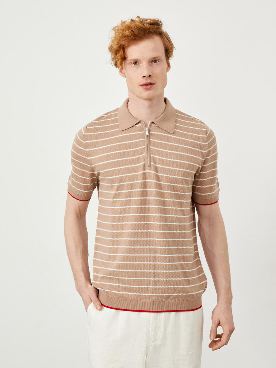 Bej Regular Fit Pamuklu Polo Yaka Kazak