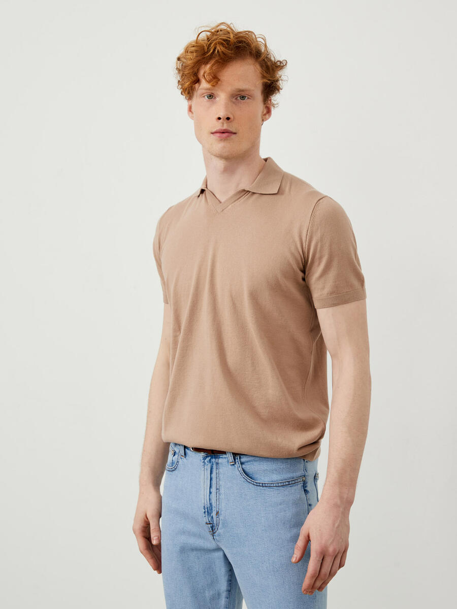 Bej Regular Fit Pamuklu Polo Yaka Kazak - 4