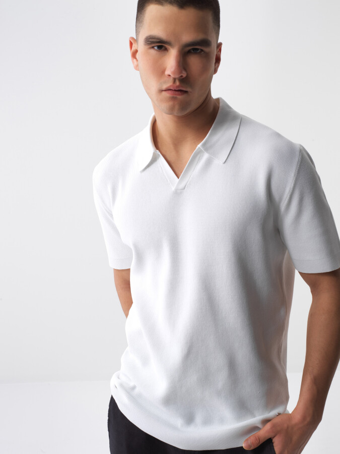 Beyaz Regular Fit Polo Yaka Basic Kazak - Xint