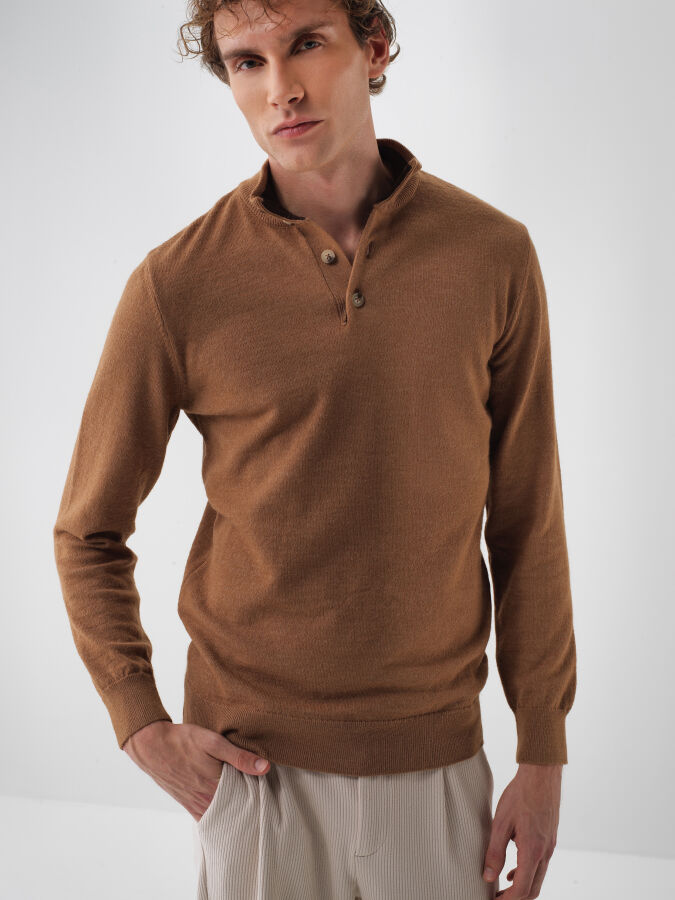 Camel Doğal Yün Dokulu Regular Fit Kazak - Xint