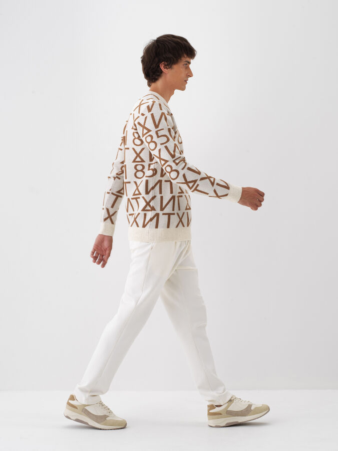 Ekru Doğal Yün Dokulu Regular Fit Kazak - Xint