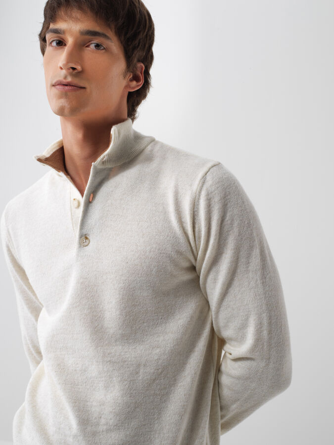 Ekru Doğal Yün Dokulu Regular Fit Kazak - Xint