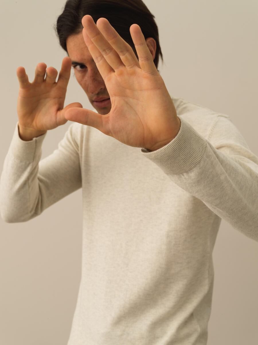 Ekru Dokulu Pamuk Dokulu Regular Fit Kazak - 4