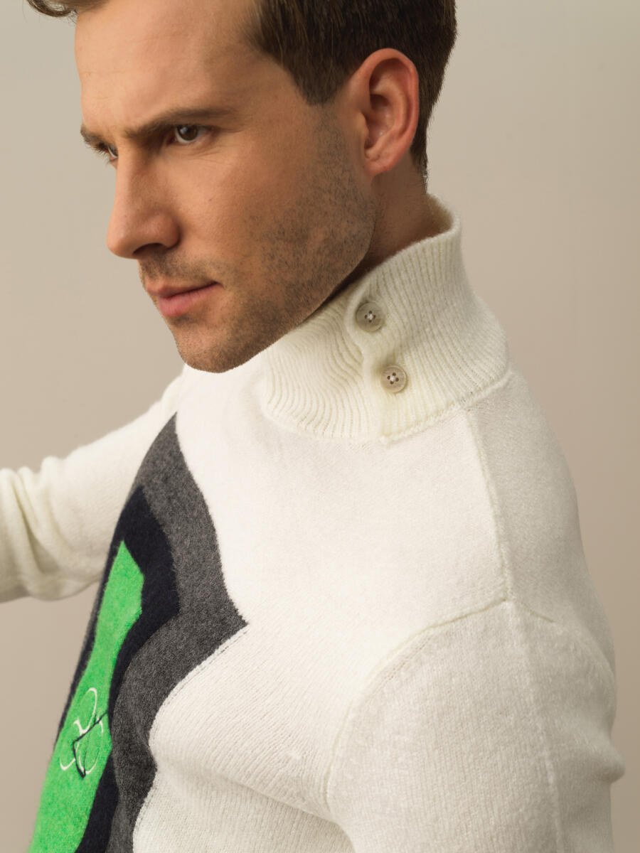 Kırık Beyaz Lüks Pamuk Dokulu Regular Fit Kazak - 3