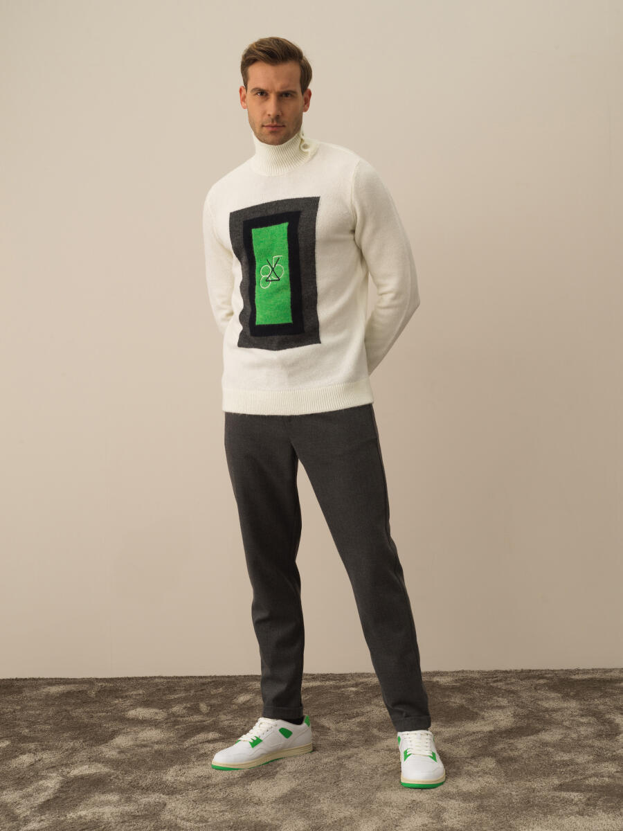 Kırık Beyaz Lüks Pamuk Dokulu Regular Fit Kazak - 2