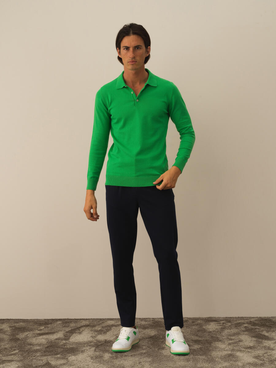 Yeşil Polo Yaka Regular Fit Basic Kazak - 2