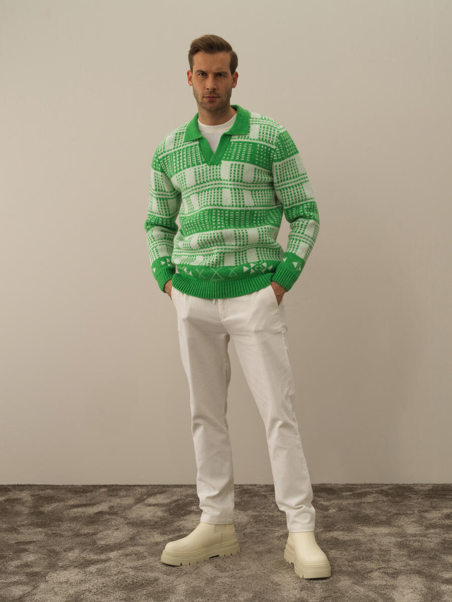 Yeşil Polo Yaka Regular Fit Kazak - 2