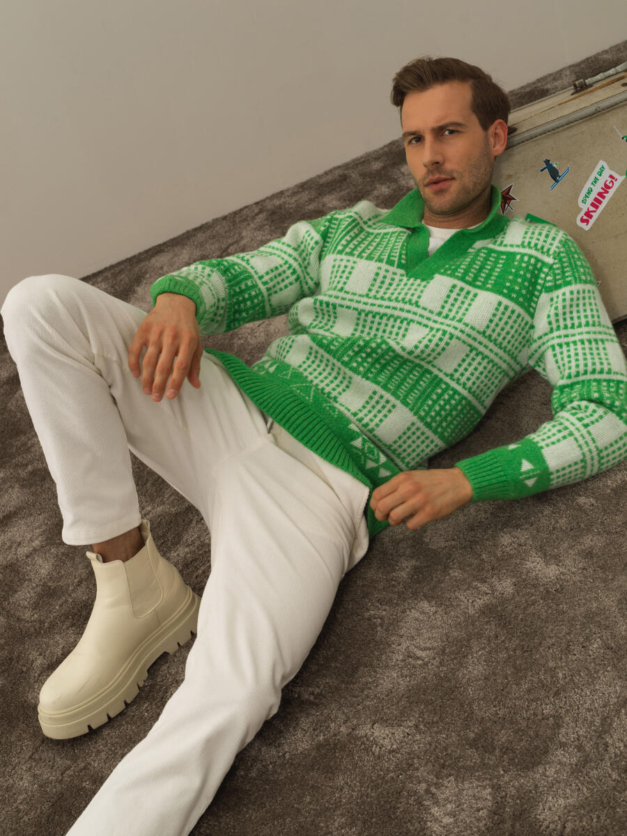 Yeşil Lüks Pamuk Dokulu Regular Fit Kazak - 3