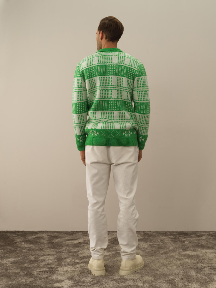 Yeşil Lüks Pamuk Dokulu Regular Fit Kazak - 5