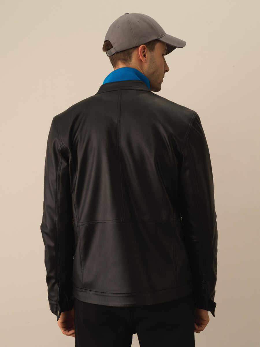 Siyah Deri Görünümlü Regular Fit Mont - 3