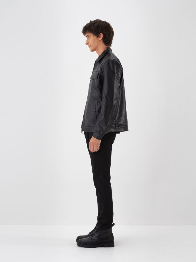 Siyah Deri Görünümlü Regular Fit Mont - Xint