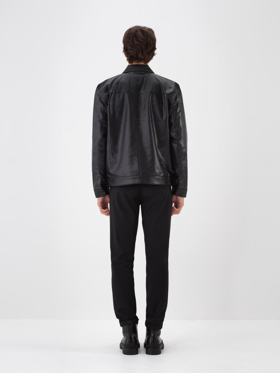 Siyah Deri Görünümlü Regular Fit Mont - 4