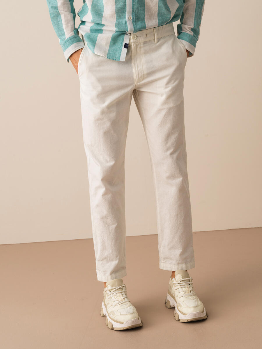 Beyaz Regular Fit Keten Pantolon
