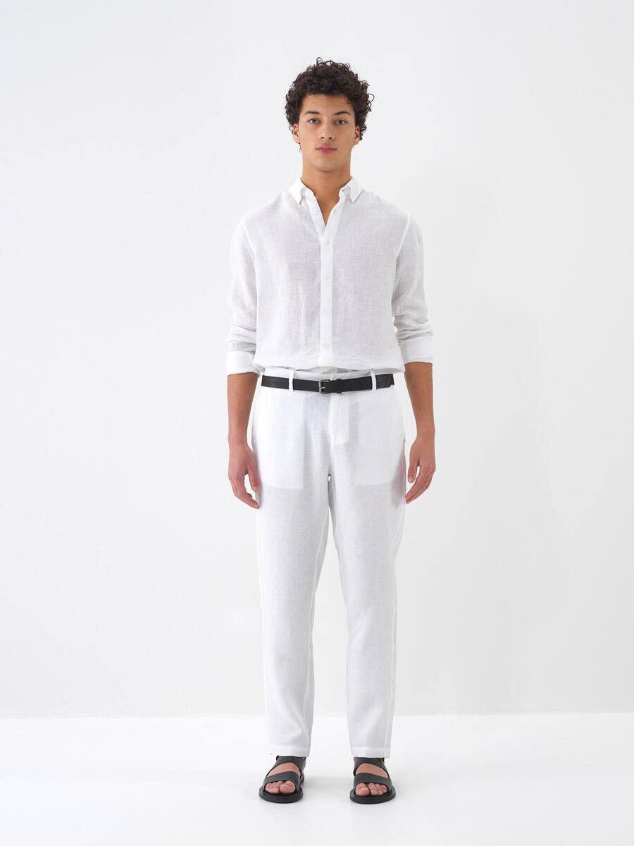 Beyaz Regular Fit Keten Pantolon