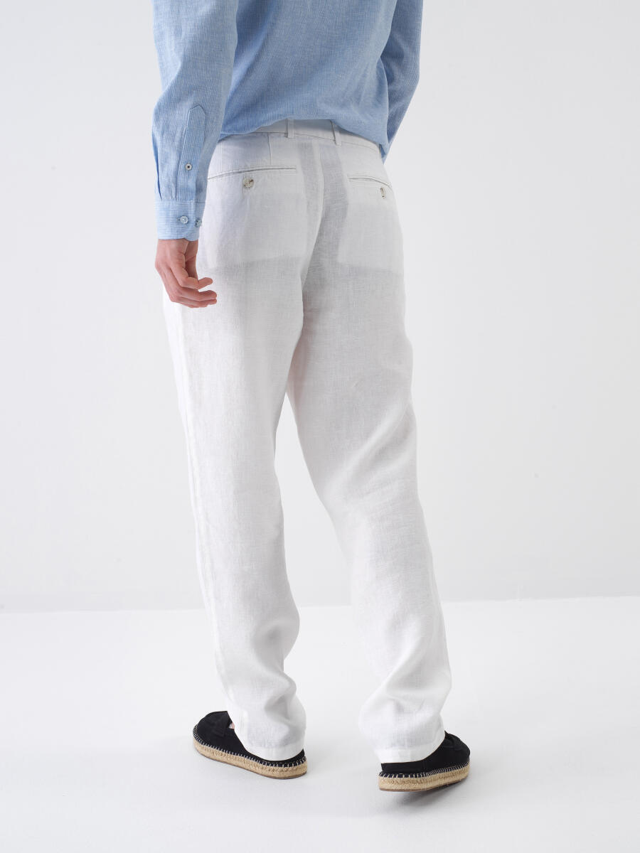 Beyaz Regular Fit Keten Basic Pantolon - 4